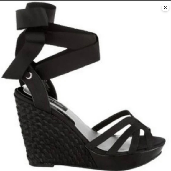 White House Black Market Shoes - White House Black Market • Jennica black woven ribbon wedge lace up sandals 9.5